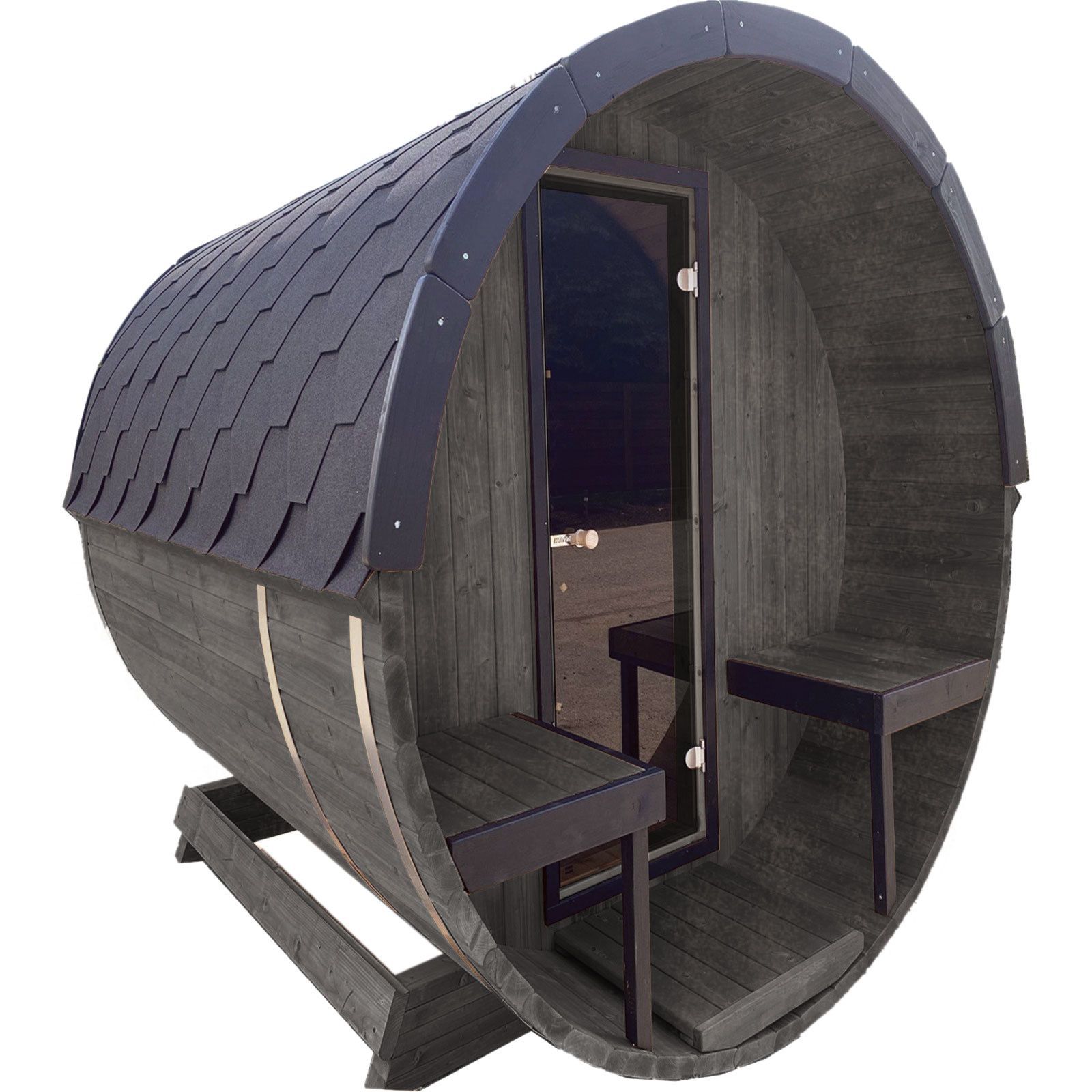 200cm Spruce Barrel Sauna | Thermowood | Harvia heater & Terrace | Wood-Fired or Electric.