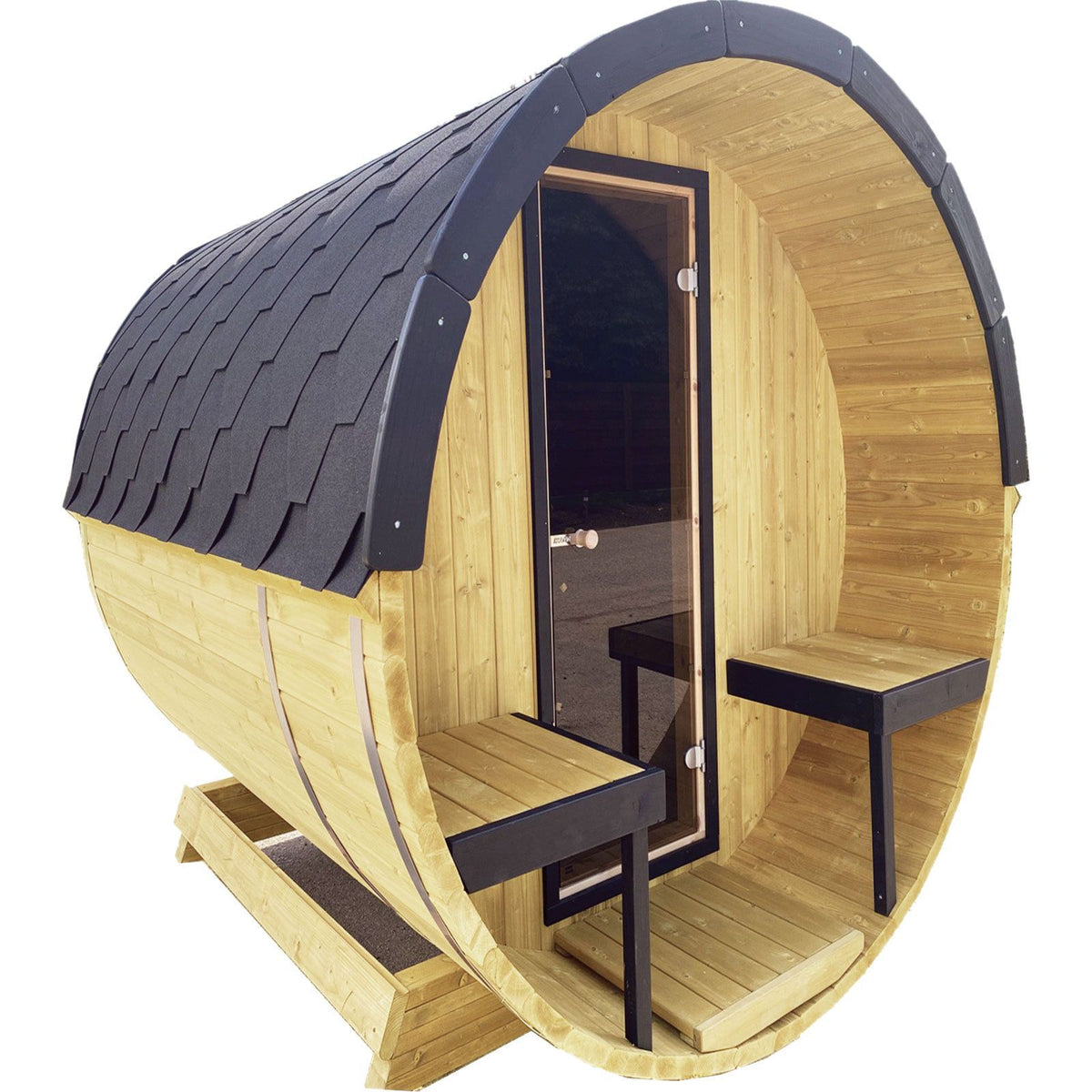 200cm Spruce Barrel Sauna | Thermowood | Harvia heater & Terrace | Wood-Fired or Electric.