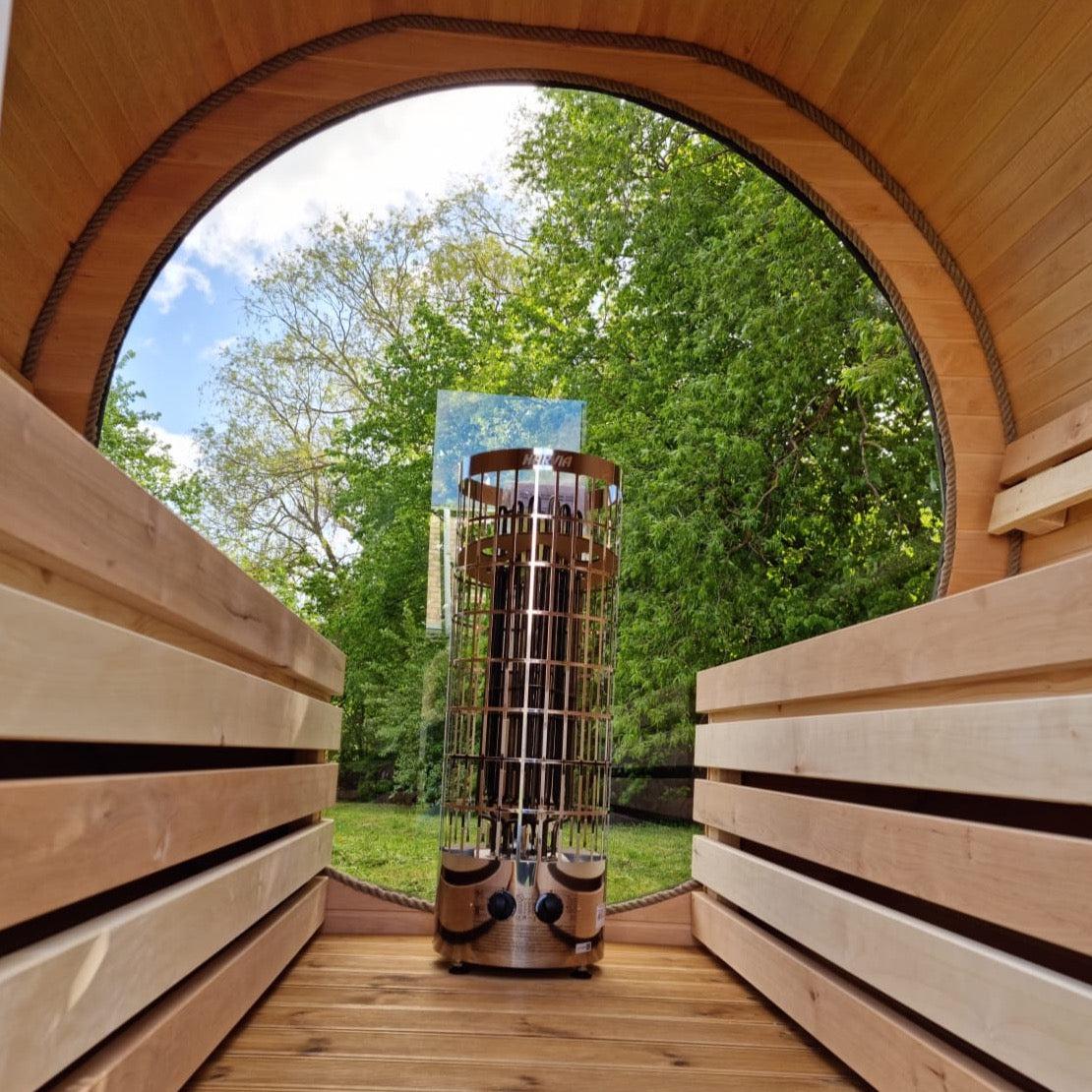 200cm Spruce Barrel Sauna | Thermowood | Harvia heater & Terrace | Wood-Fired or Electric.