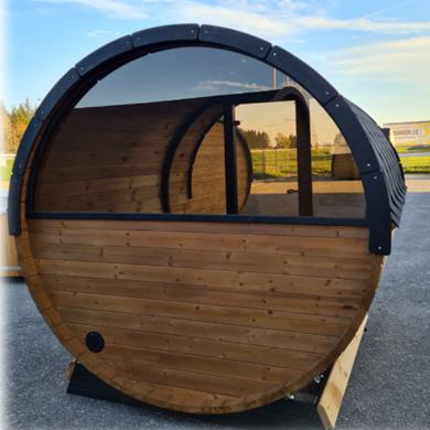 200cm Spruce Barrel Sauna | Thermowood | Harvia heater & Terrace | Wood-Fired or Electric.