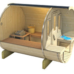 200cm Spruce Barrel Sauna | Thermowood | Harvia heater & Terrace | Wood-Fired or Electric.