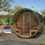 200cm Spruce Barrel Sauna | Thermowood | Harvia heater & Terrace | Wood-Fired or Electric.