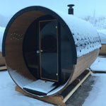 200cm Spruce Barrel Sauna | Thermowood | Harvia heater & Terrace | Wood-Fired or Electric.