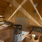 200cm Spruce Barrel Sauna | Thermowood | Harvia heater & Terrace | Wood-Fired or Electric.