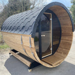 200cm Spruce Barrel Sauna | Thermowood | Harvia heater & Terrace | Wood-Fired or Electric.