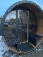 200cm Spruce Barrel Sauna | Thermowood | Harvia heater & Terrace | Wood-Fired or Electric.