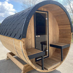 200cm Spruce Barrel Sauna | Thermowood | Harvia heater & Terrace | Wood-Fired or Electric.