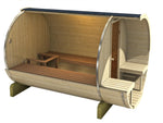 200cm Spruce Barrel Sauna | Thermowood | Harvia heater & Terrace | Wood-Fired or Electric.