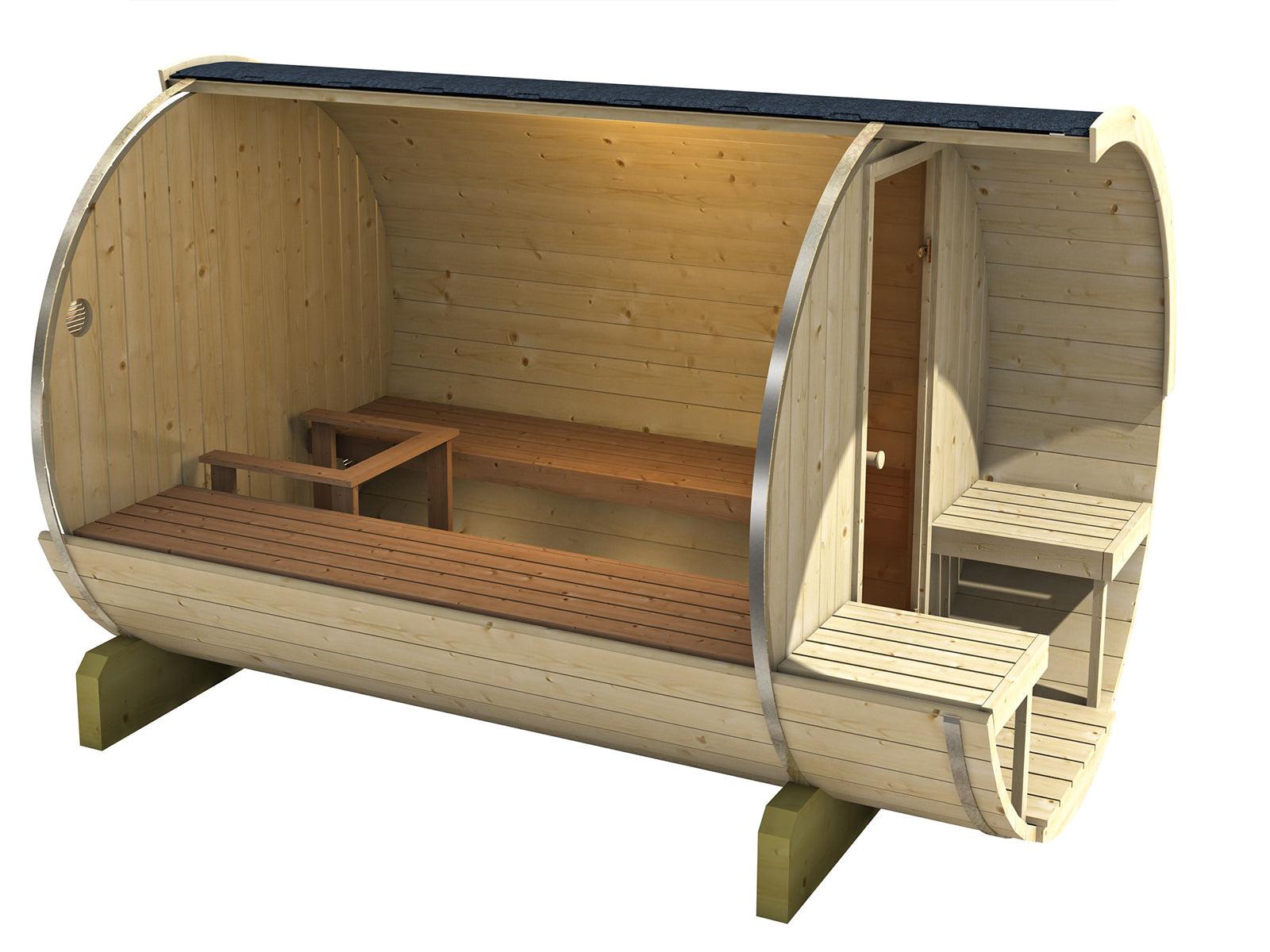 200cm Spruce Barrel Sauna | Thermowood | Harvia heater & Terrace | Wood-Fired or Electric.