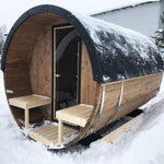 200cm Spruce Barrel Sauna | Thermowood | Harvia heater & Terrace | Wood-Fired or Electric.