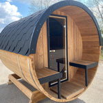 200cm Spruce Barrel Sauna | Thermowood | Harvia heater & Terrace | Wood-Fired or Electric.