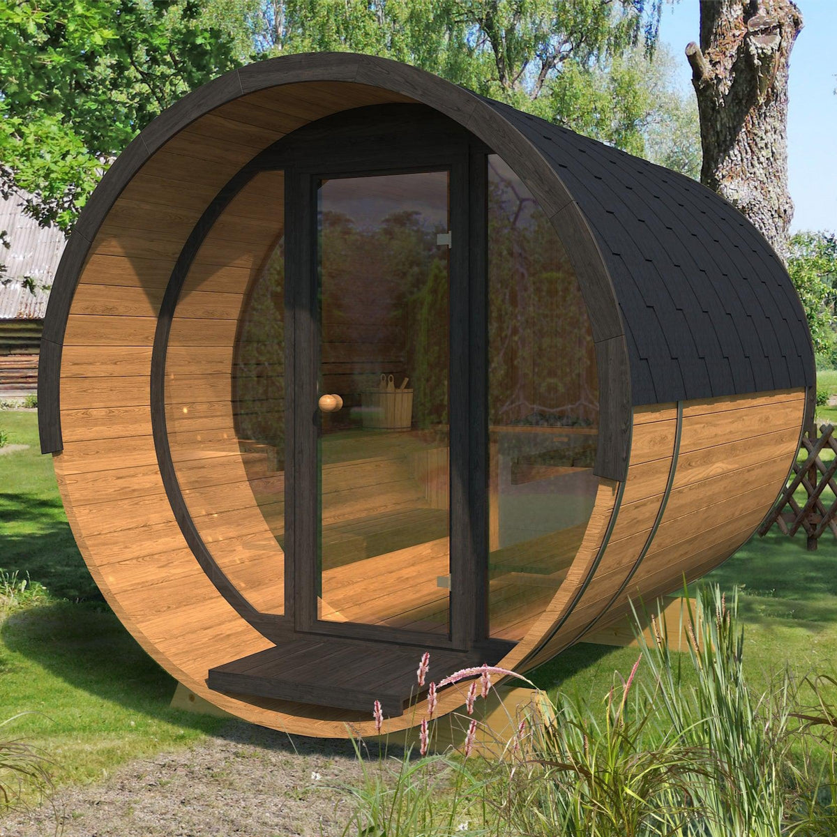 200cm Spruce Barrel Sauna | Thermowood | Harvia heater & Terrace | Wood-Fired or Electric.