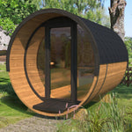 200cm Spruce Barrel Sauna | Thermowood | Harvia heater & Terrace | Wood-Fired or Electric.