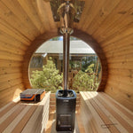 200cm Spruce Barrel Sauna | Thermowood | Harvia heater & Terrace | Wood-Fired or Electric.