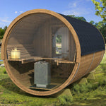 200cm Spruce Barrel Sauna | Thermowood | Harvia heater & Terrace | Wood-Fired or Electric.