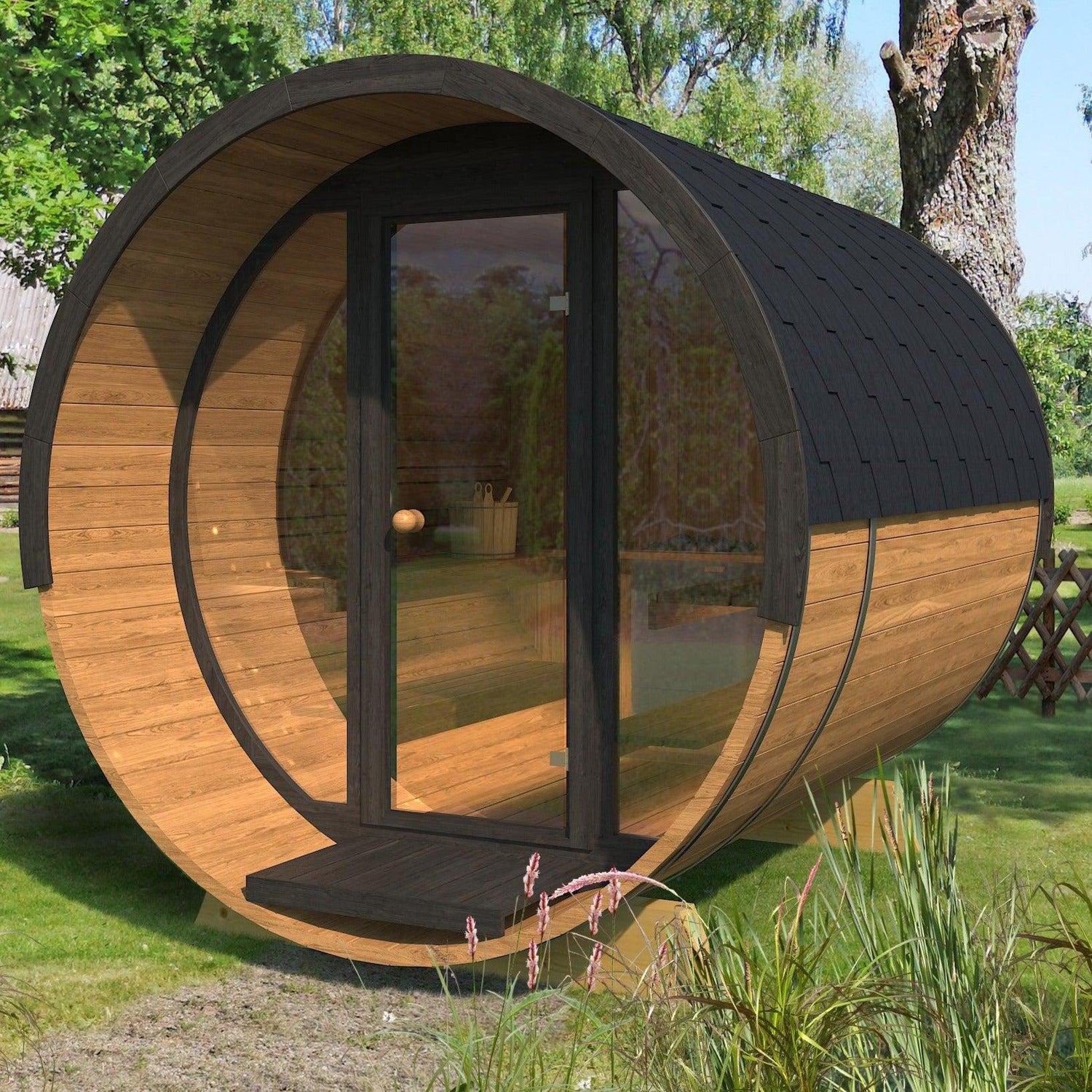 330cm Spruce Barrel Sauna | Thermowood | Terrace | Wood-Fired or Electric.