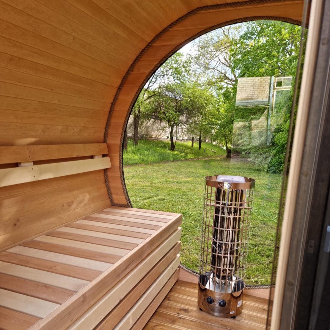 Compact 160cm Terrace Barrel Sauna | Harvia electric heater.