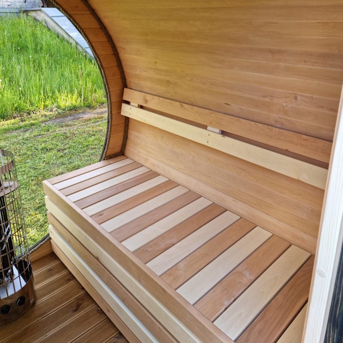 Compact 160cm Terrace Barrel Sauna | Harvia electric heater.