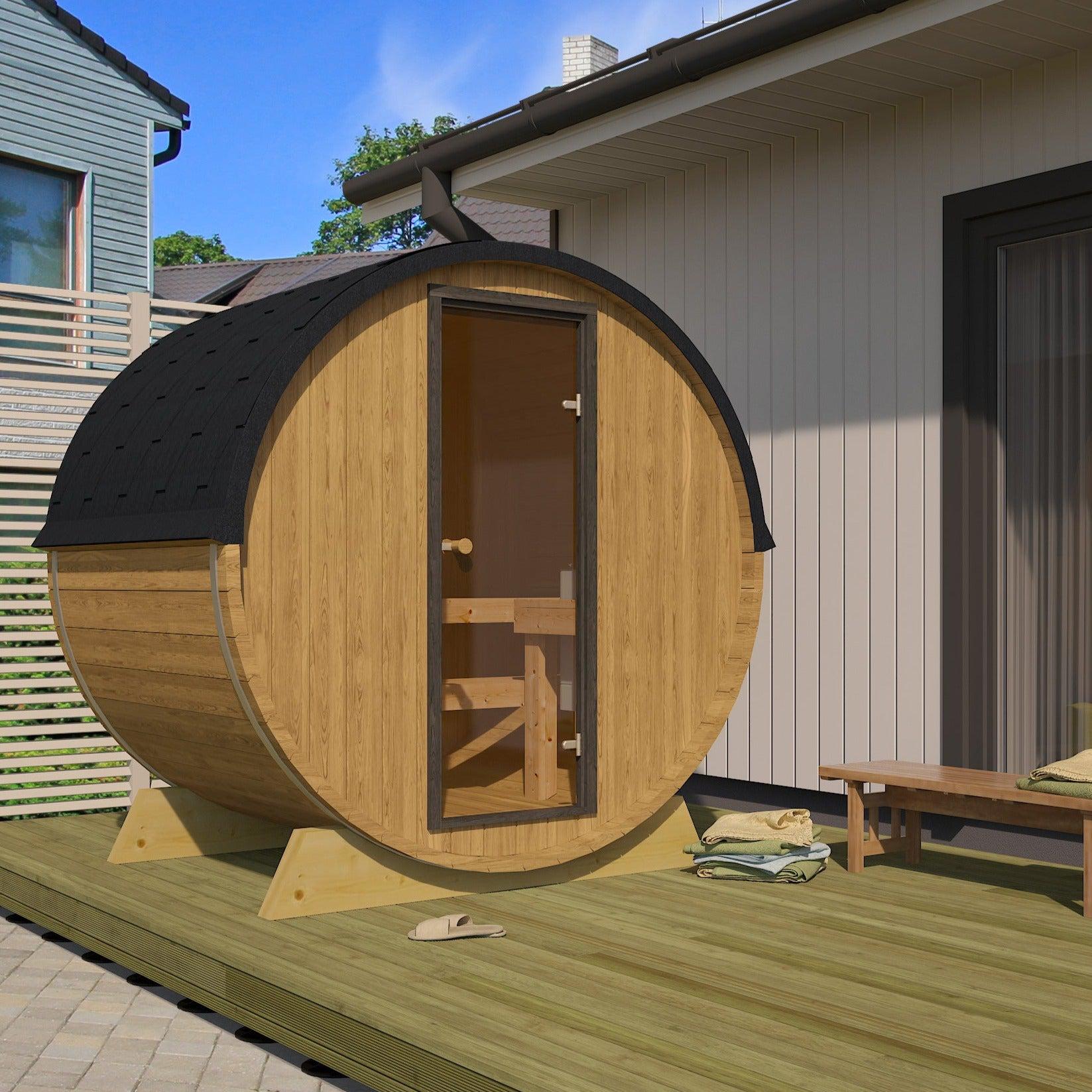 Compact 160cm Terrace Barrel Sauna | Harvia electric heater.