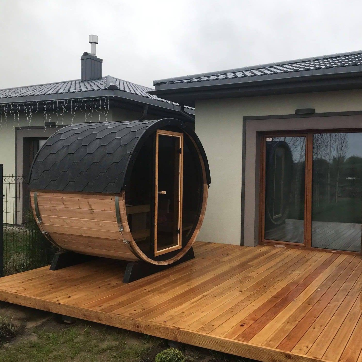 Compact 160cm Terrace Barrel Sauna | Harvia electric heater.