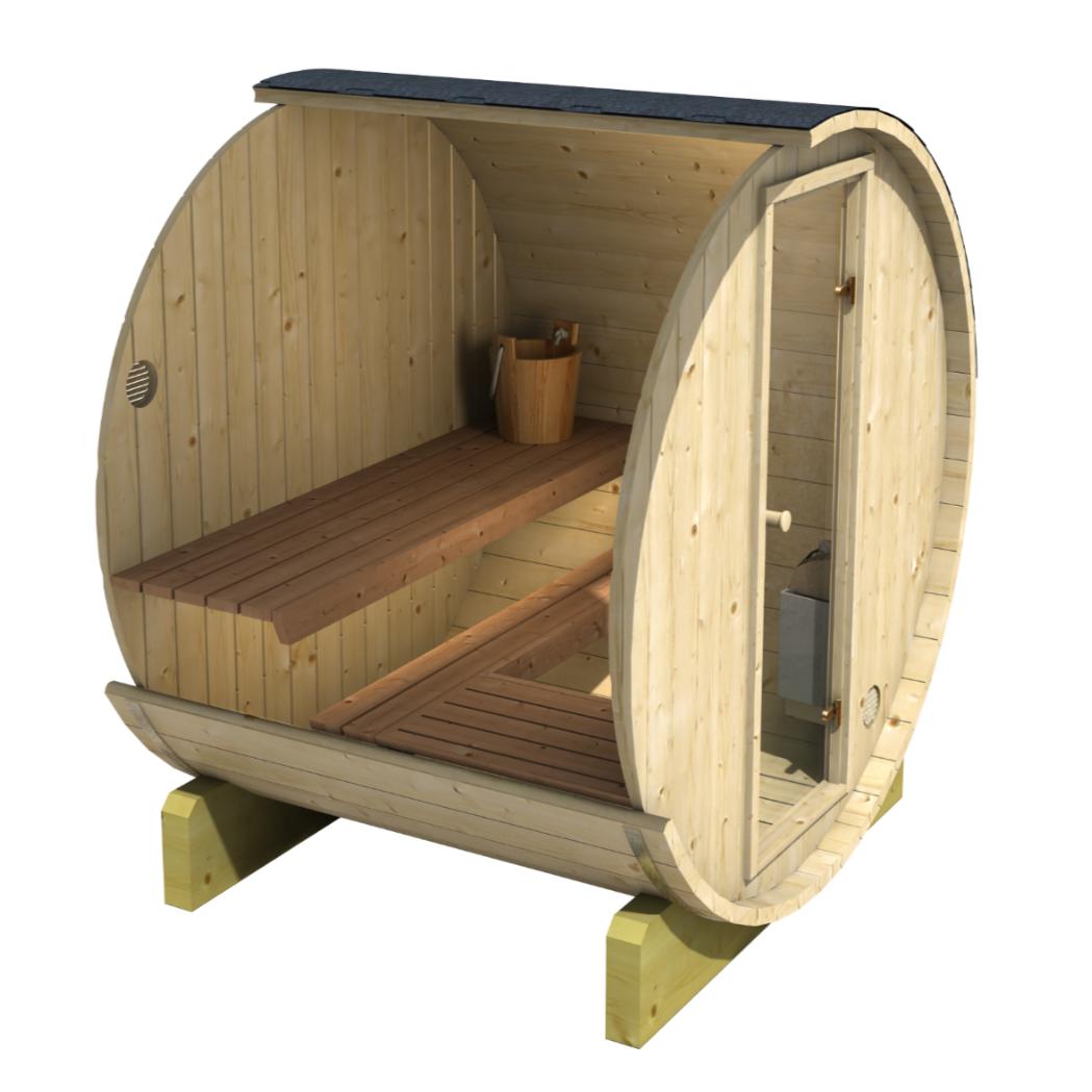 Compact 160cm Terrace Barrel Sauna | Harvia electric heater.