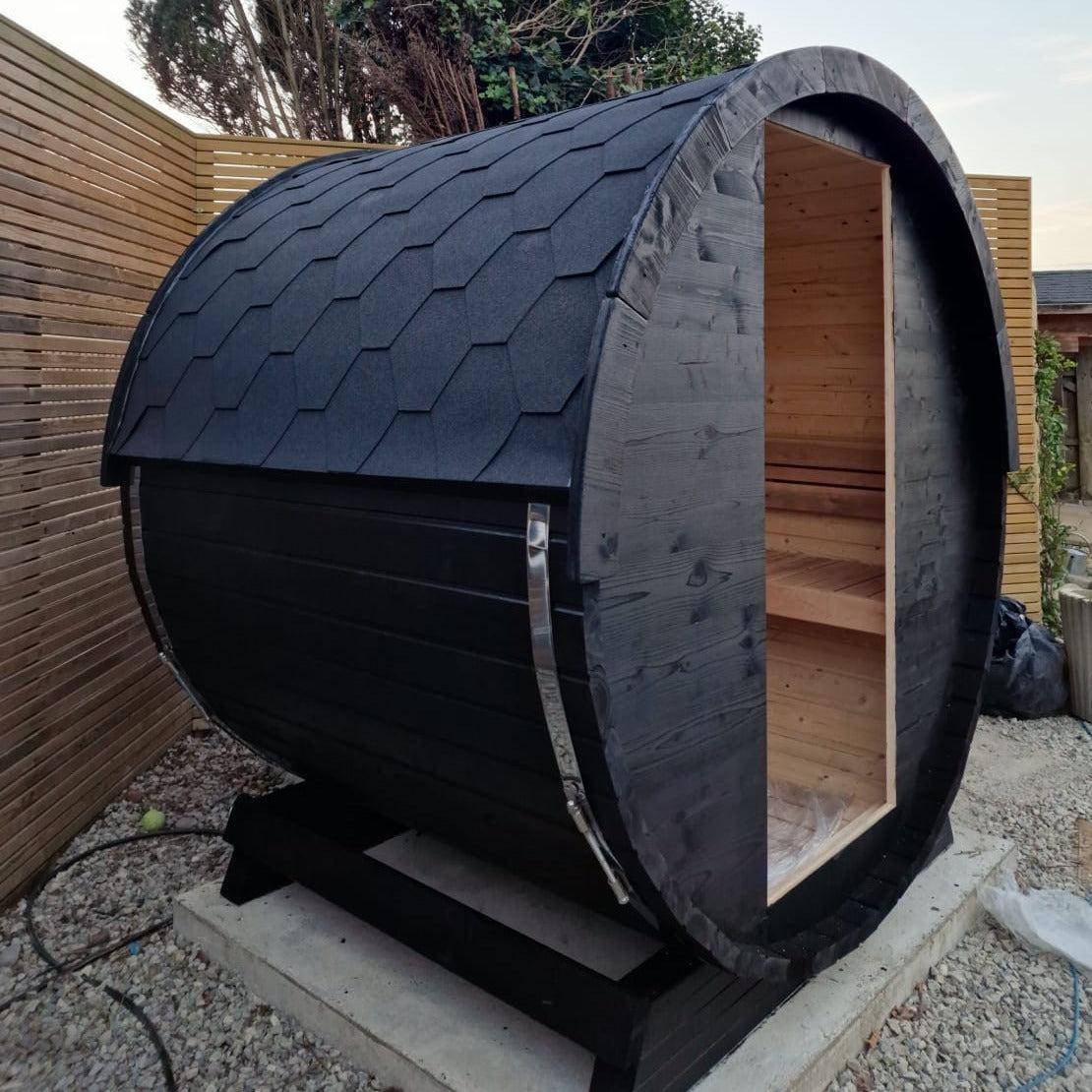 Compact 160cm Terrace Barrel Sauna | Harvia electric heater.