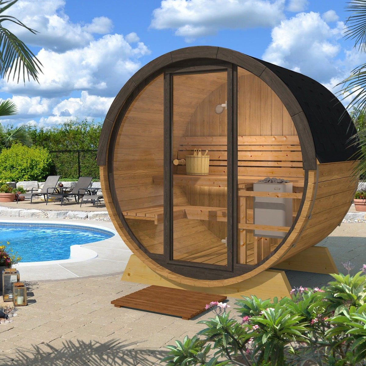 Compact 160cm Terrace Barrel Sauna | Harvia electric heater.