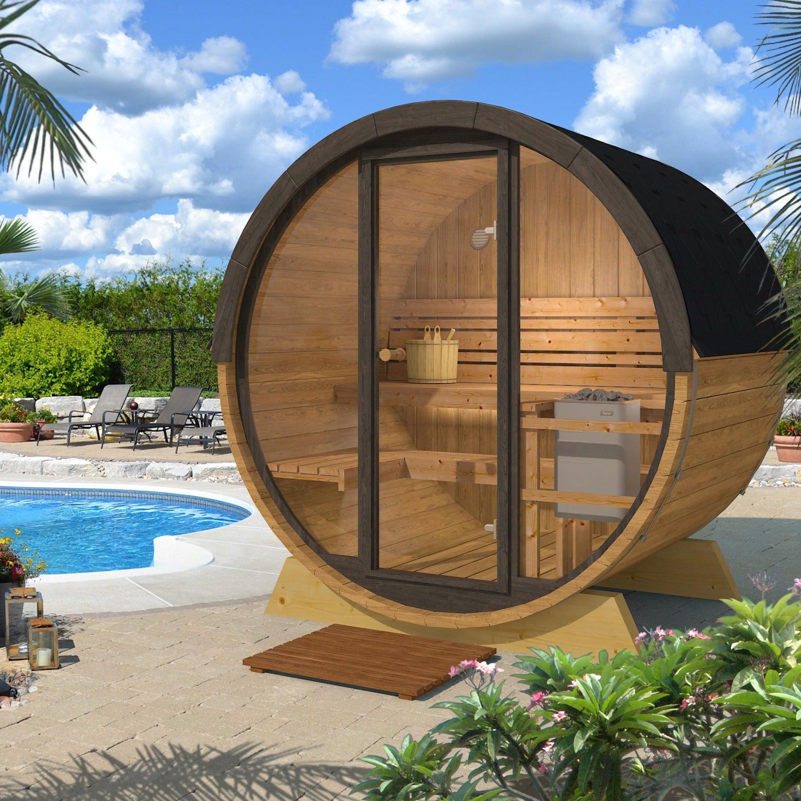 Compact 160cm Terrace Barrel Sauna | Harvia electric heater.