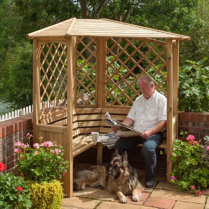 Corner Garden Arbour with Slanted Roof and side trellis Layzee Living