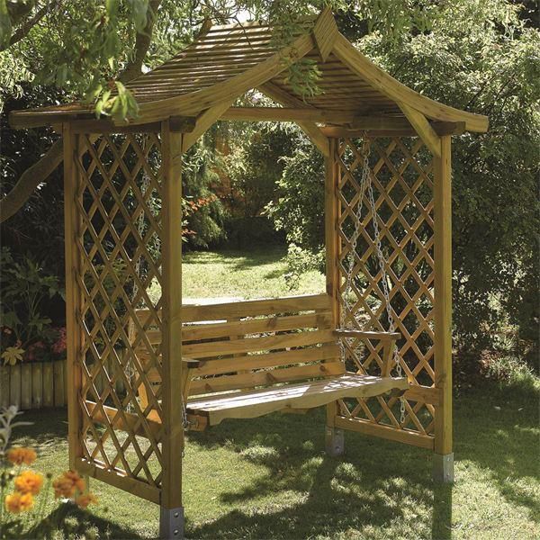 Garden Arbour SwingSeat with Roof and side trellis, Tanalised Timber