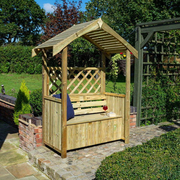 Garden Arbour with Roof trellis and seat storage Tanalised Timber Layzee Living